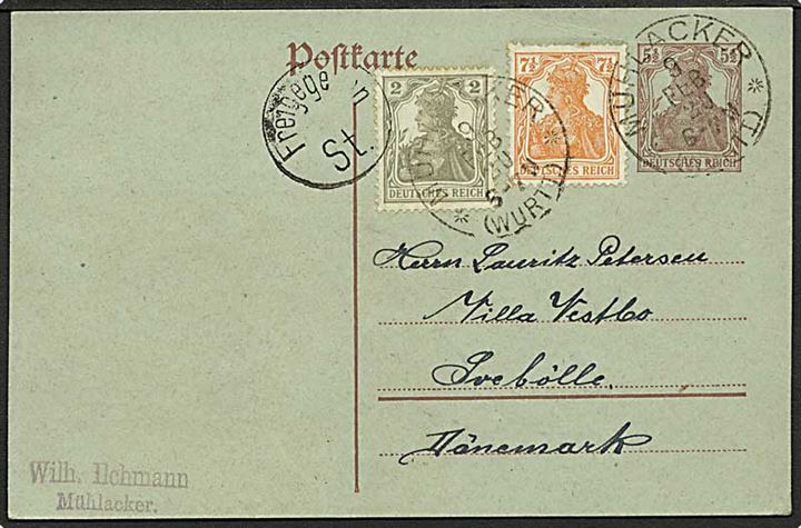 5½ pfg. Germania helsagsbrevkort opfrankeret med 2 pfg. og 7½ pfg. Germania fra Mühlacker d. 9.2.1920 til Svebølle, Danmark.