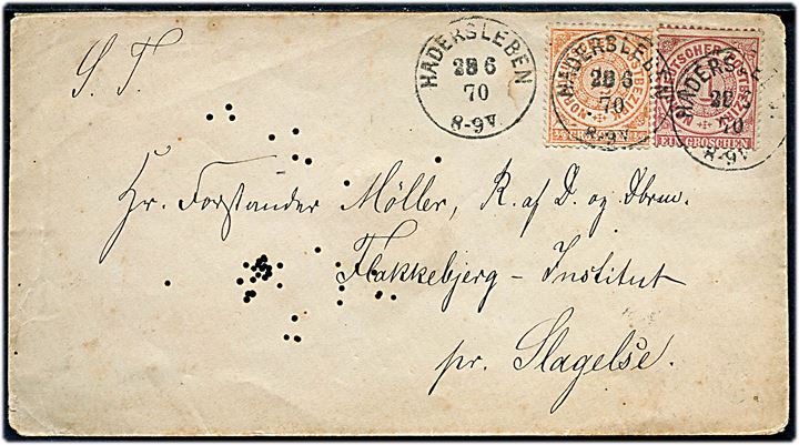 Norddeutscher Postbezirk ½ gr. og 1 gr. på brev stemplet Hadersleben d. 28.6.1870 til Flakkebjerg Institut pr. Slagelse, Danmark.
