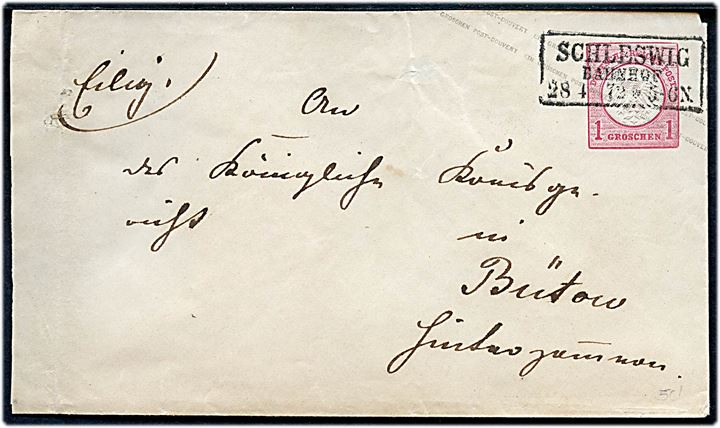 1 gr. Lille Brystskjold helsagskuvert annulleret med rammestempel Schleswig Bahnhof d. 28.4.1872 til Bütow.