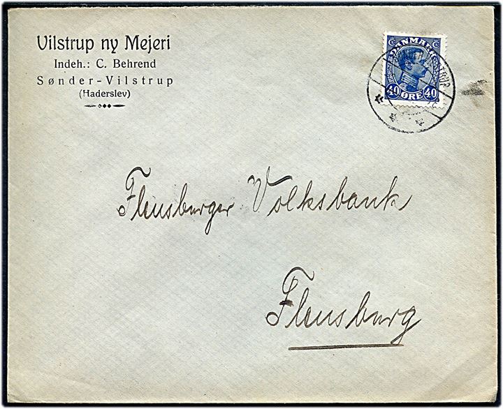 40 øre Chr. X på fortrykt kuvert fra Vilstrup ny Mejeri annulleret med brotype IIb Sønder Vilstrup d. 3.3.1925 til Flensburg, Tyskland.