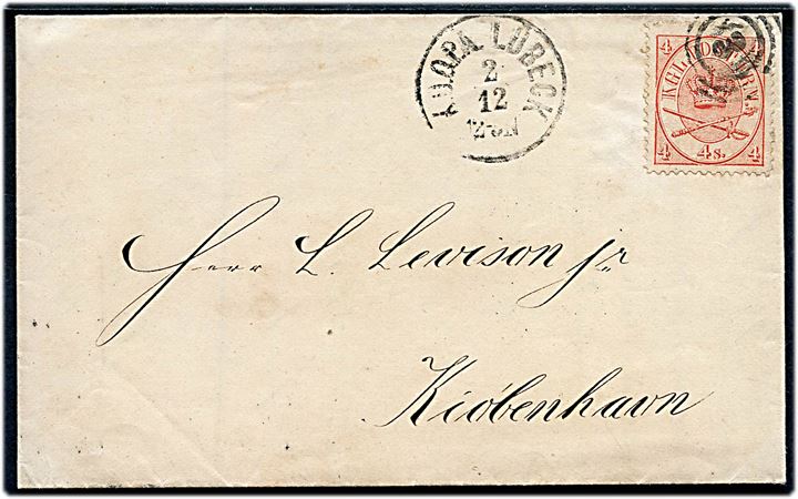 4 sk. Krone/Scepter på brev med indhold annulleret med nr.stempel 3 og sidestemplet lapidar K.D.O.P.A. Lübeck d. 2.12.1864 til København.