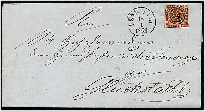 4 sk. 1858 udg. på brev annulleret med nr.stempel 54 og sidestemplet antiqua Rendsburg d. 16.1.1862 til Glückstadt.
