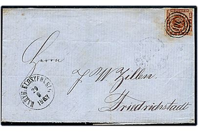 4 sk. stukken kant på brevforside annulleret med nr.stempel 196 og sidestemplet antiqua Bahnh: Klosterkrug d. 29.8.1863 til Friedrichstadt.