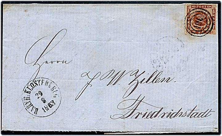 4 sk. stukken kant på brevforside annulleret med nr.stempel 196 og sidestemplet antiqua Bahnh: Klosterkrug d. 29.8.1863 til Friedrichstadt.