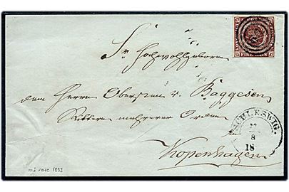 4 R.B.S. Thiele II på brev annulleret med nr.stempel 66 og sidestemplet med 1½-ringsstempel Schleswig. d. 22.8.1853 til København.