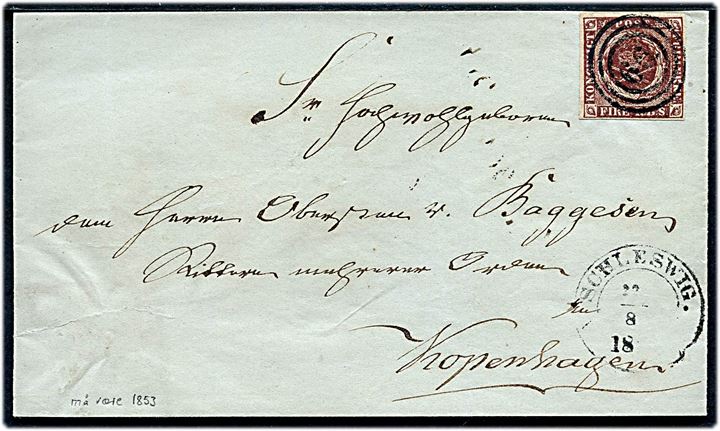 4 R.B.S. Thiele II på brev annulleret med nr.stempel 66 og sidestemplet med 1½-ringsstempel Schleswig. d. 22.8.1853 til København.
