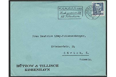 60 øre Fr. IX på brev fra København d. 2.1.1956 til Zürich, Schweiz.