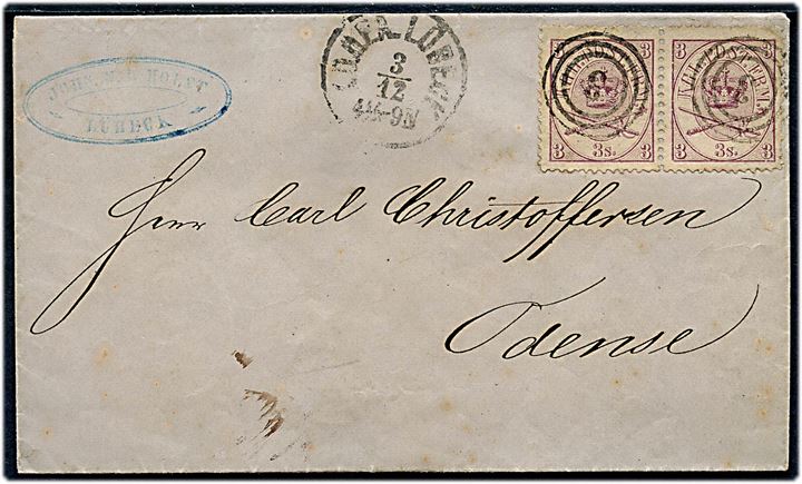 3 sk. Krone/Scepter i parstykke på brev annulleret med nr.stempel 3 og sidestemplet lapidar K.D.O.P.A. Lübeck d. 3.12. (ca.1867) til Odense. Særtakst. AFA: 6000,-