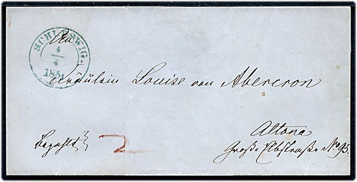 1851. APRIL-BREV. Franco brev mærket Bezahlt med grønligt 1½-ringsstempel Schleswig. d. 4.4.1851 til Altona. 