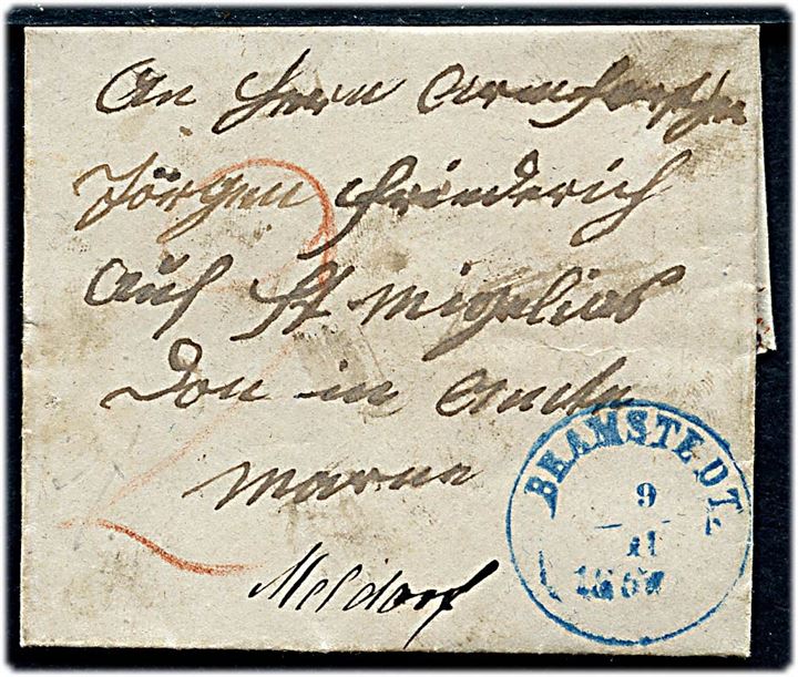 1851. Portobrev med blåt 1½-ringsstempel Bramstedt. d. 9.11.1851 til Meldorf. 