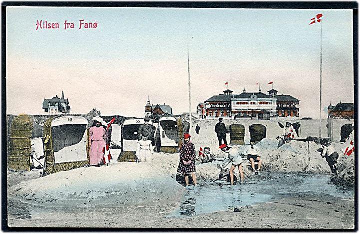 Fanø, Hilsen fra med strandhotel og badestole. Warburg no. 1280.