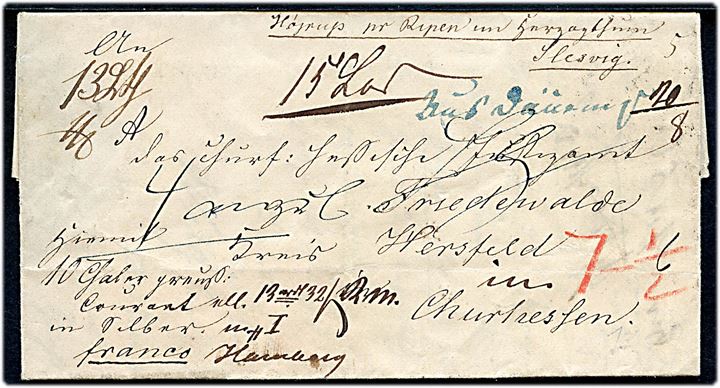 1856. Ufrankeret pakkefølgebrev for værdibrev fra Høirup pr. Ripen in Herzogthum Slesvig med antiqua Ribe d. 7.12.1856 til Friedewalde Kr. Hersfeld i Kurhessen.  Påskrevet Franco Hamburg og Aus Dänemark.