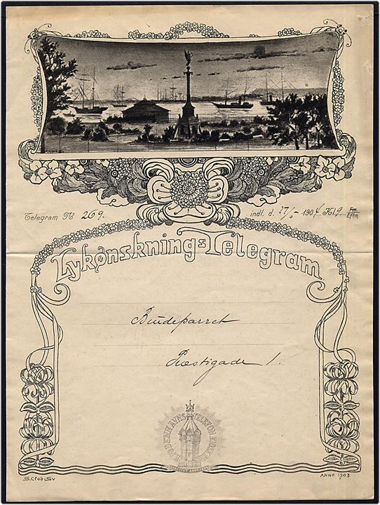 Kjøbenhavns Telefon Kiosker. Lykønsknings Telegram dateret d. 27.5.1904. Tegnet af S. Clod-Svendsen 1903.