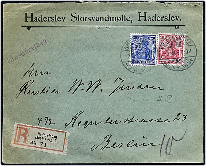 10 pfg. og 20 pfg. Germania på anbefalet brev fra Haderslev Slotsvandmølle annulleret Hadersleben *(Schlesw.)2a d. 5.9.1908 til Berlin.