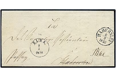 1853. Ufrankeret Postsag med 1½-ringsstempel Ribe. d. 3.3.1853 til Haderslev - tilbagesendt til Ribe med antiqua Haderslev d. 8.3.1853.