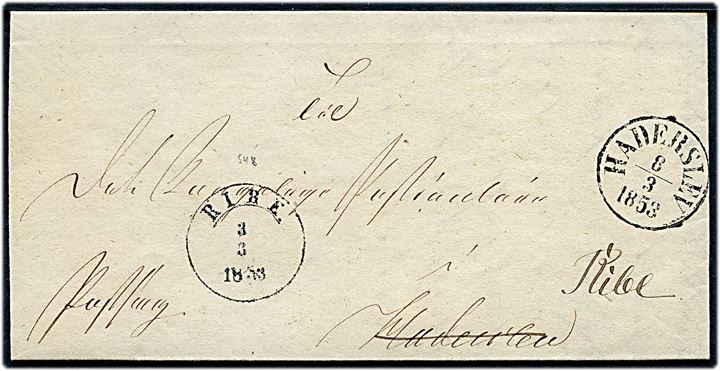 1853. Ufrankeret Postsag med 1½-ringsstempel Ribe. d. 3.3.1853 til Haderslev - tilbagesendt til Ribe med antiqua Haderslev d. 8.3.1853.