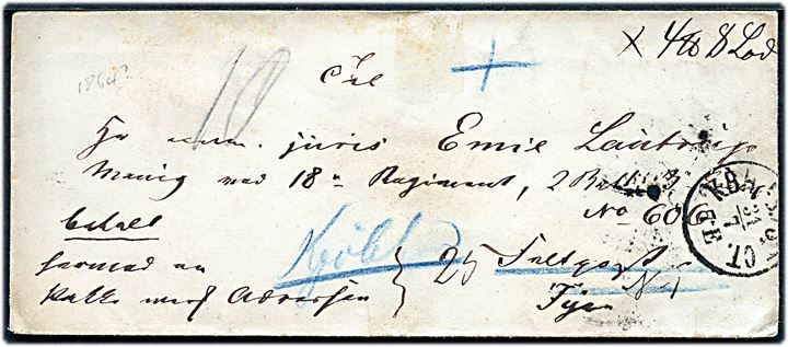 1864. Pakkefølgebrev for pakke på 4 pund 8 lod mærket Betalt med lapidar KBH.JB.PST.CT. d. 31.7.1864 til menig soldat Emil Lautrup ved 18. Regiment 2. Batl. 3. komp. ved Feltpost No. 1 på Fyen - omadresseret til Kjøbenhavn.