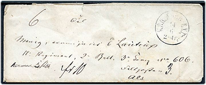 1864. Ufrankeret værdibrev mærket Hermed 5 Rdl. med antiqua KBH.NØRB. EXP. d. 14.6.1864 til menig soldat, Emil Lautrup, i 18. Regisment, 2. Batl., 3. Komp. ved Feltpost no. 3 på Als. På bagsiden bl.a. 2 laksegl fra Nørrebro's Postexpedition. Interessant pengebrev sendt umiddelbart inden Als blev rømmet.
