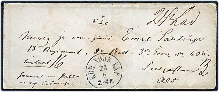 1864. Ufrankeret pakkefølgebrev for pakke på 24 lod fra KBH. NØRB. EXP. d. 23.6.1864 til menig soldat, Emil Lautrup, ved 18. Regiment 2. Batl., 3. Komp. under Feltpost no. 3 på Als. Sendt kort inden Als blev rømmet.