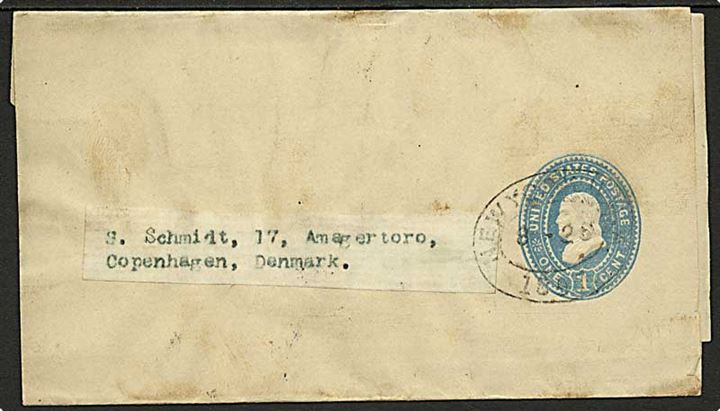 1 cent helsagskorsbånd fra New York d. 28.8.1897 til København, Danmark.