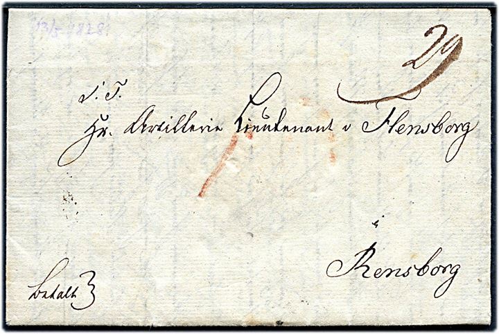 1828. Francobrev mærket Betalt og 29 sk. med indhold dateret i Kjøbenhavn d. 13.5.1828 til Artilleri Captain v. Flensborg i Rendsburg.