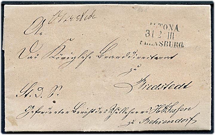 1868. Tjenestebrev med indhold dateret i Behrendorf d. 31.1.1868 og bureaustempel Altona - Flensburg d. 3.2. og håndskrevet stationsnavn Ohrstedt til Bredstedt.