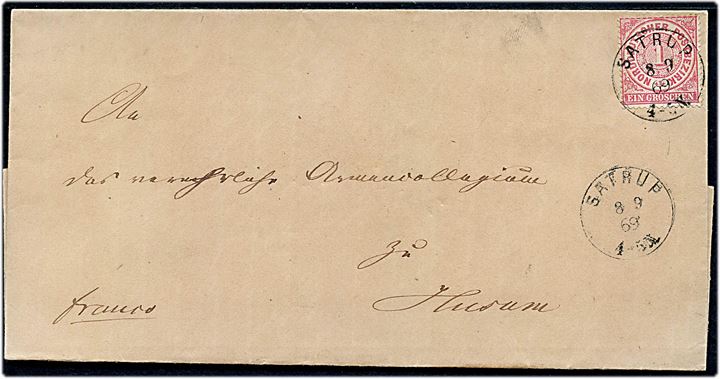 Norddeutscher Postbezirk 1 gr. single på brev fra Satrup d. 8.9.1869 til Husum.
