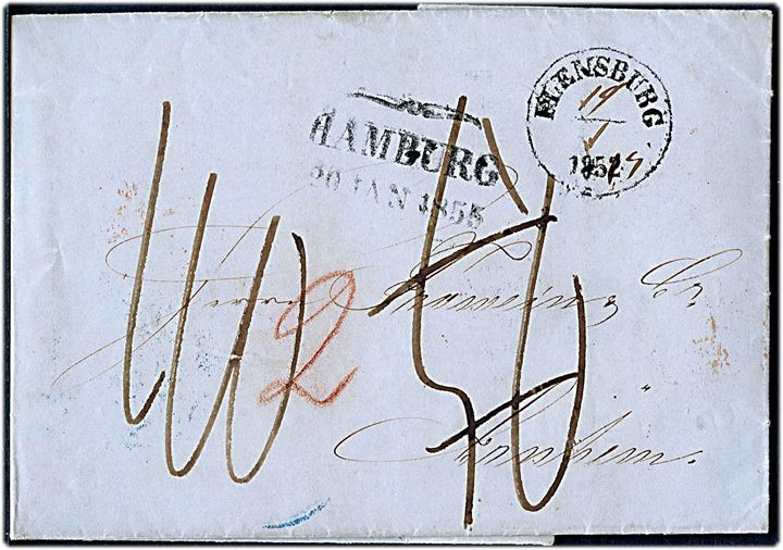 1855. Portobrev med antiqua Flensburg d. 19.1.1855 (delvis håndskrevet dato) via Hamburg til Arnhem, Holland. Antiqua Flensburg benyttet som reservestempel ved Bahnhof Flensburg i perioden 7.1.-27.2.1855.