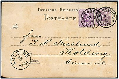 5 pfg. helsagsbrevkort opfrankeret med 5 pfg. Ciffer fra Flensburg d. 10.7.1888 til Kolding, Danmark.