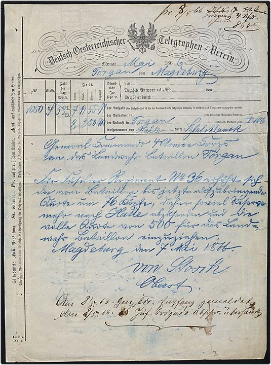 Deutsch Oesterreischischer Telegraphen-Verein telegramformular med militær meddelelse fra Magdeburg d. 7.5.1866 til Torgau