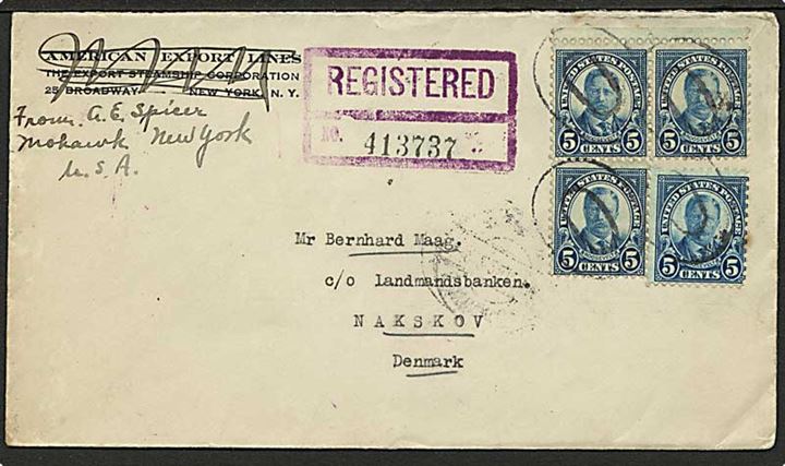 5 c. Roosevelt (4) på anbefalet brev fra New York d. 20.1.1926 til Nakskov, Danmark. 