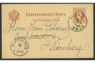 2 kr. helsagsbrevkort fra Prag d. 21.7.1880 til Nürnberg, Tyskland.