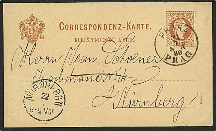 2 kr. helsagsbrevkort fra Prag d. 21.7.1880 til Nürnberg, Tyskland.