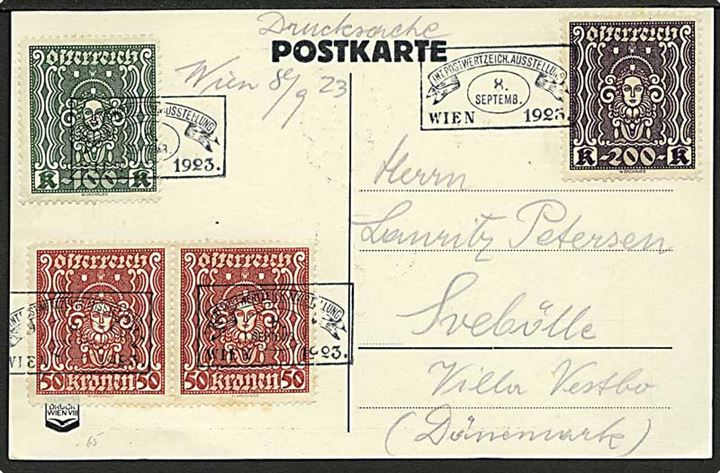 50 kr. (2), 100 kr. og 200 kr. Infla udg. på udstillings-brevkort sendt som tryksag fra Int. Postwertzeich. Ausstellung i Wien d. 8.9.1923 til Svebølle, Danmark.