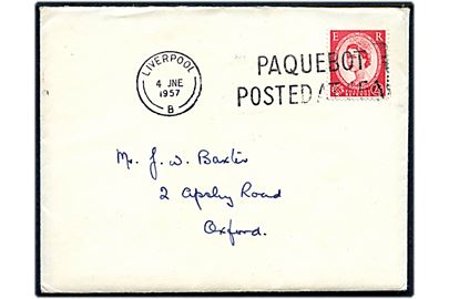 2½d Elizabeth på brev annulleret med skibsstempel Liverpool / Paquebot posted at sea d. 4.6.1957 til Oxford.