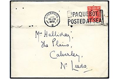 2½d George VI på Canadian Pacific kuvert annulleret med skibsstempel Liverpool / Paquebot posted at sea d. 26.4.1952 til Nr. Leeds, England.