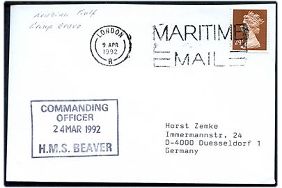 24d Elizabeth på brev annulleret London / Maritime Mail d. 9.4.1992 og sidestemplet Commanding Officer H.M.S. Beaver d. 24.3.1992 til Düsseldorf, Tyskland. HMS Braver (F93) var stationeret i den arabiske golf. 
