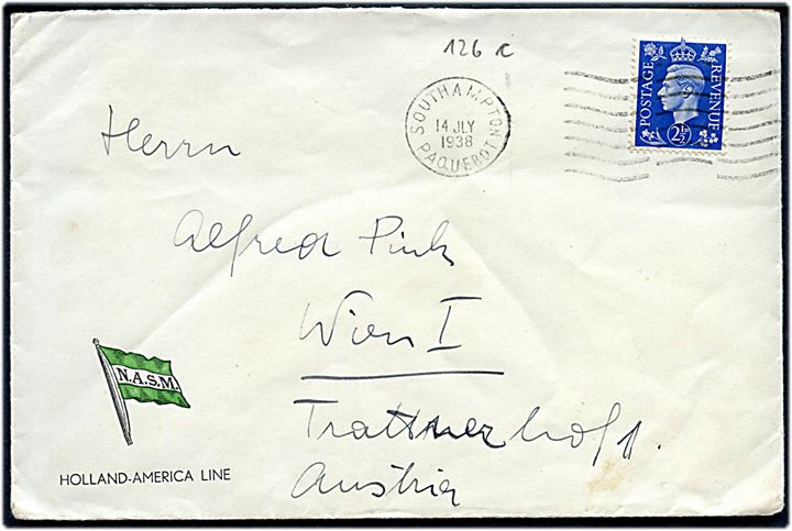 2½d George VI på Holland-America Line kuvert annulleret Southampton Paquebot d. 14.7.1938 til Wien, Østrig. Bagklap mgl.