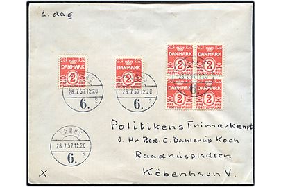 2 øre Bølgelinie i single (2) og fireblok på tryksag annulleret med brotype Vd Århus 6 sn2 d. 26.7.1957 til København.