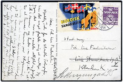 10 øre Bølgelinie og Nordisk Samarbejde / Foreningen Norden mærkat på brevkort fra Holbæk d. 21.4.1940 til København.