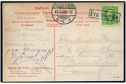 5 öre Oscar II på brevkort fra Kullen annulleret med skibsstempel Fra Sverige og sidestemplet Helsingør d. 21.7.1908 til Charlottenlund.