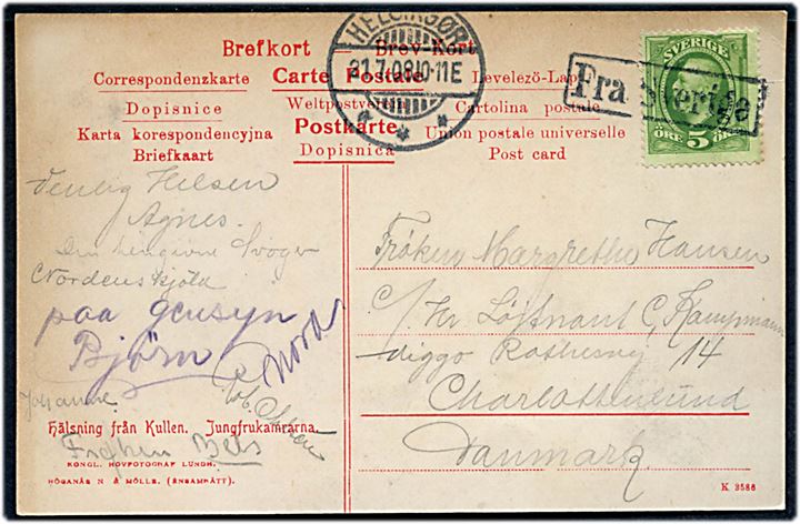 5 öre Oscar II på brevkort fra Kullen annulleret med skibsstempel Fra Sverige og sidestemplet Helsingør d. 21.7.1908 til Charlottenlund.
