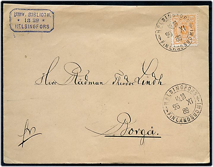20 pen Våben på brev fra Helsingfors d. 26.11.1889 til Borgå.