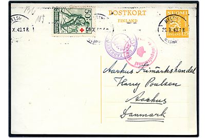 1,25 mk. helsagsbrevkort opfrankeret med 50+5 p. Røde Kors fra Helsingfors d. 21.10.1940 til Aarhus, Danmark. Både finsk og dansk censur.