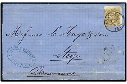 25 c. Leopold II single på brev fra Anvers dec. 1878 til Stege, Danmark. Ank.stemplet i Stege d. 7.1.1879. Fold ved mærke.