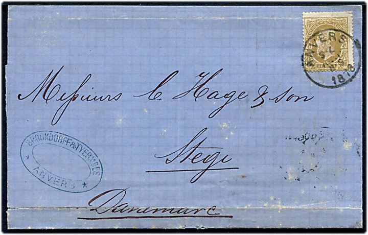 25 c. Leopold II single på brev fra Anvers dec. 1878 til Stege, Danmark. Ank.stemplet i Stege d. 7.1.1879. Fold ved mærke.