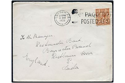 1½d George V på Canadian Pacific kuvert annulleret med skibsstempel London F.S. / Paquebot posted at Sea d. 15.5.1935 til London.