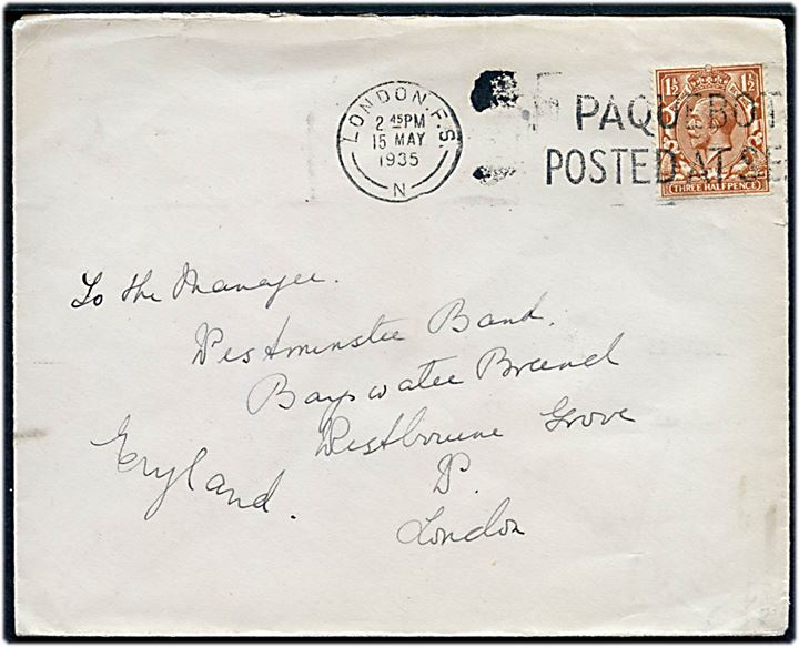 1½d George V på Canadian Pacific kuvert annulleret med skibsstempel London F.S. / Paquebot posted at Sea d. 15.5.1935 til London.