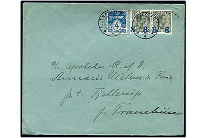 4 øre Bølgelinie og 8/12 døre Provisorium i parstykke på brev fra Nibe d. 28.7.1922 til Tranehuse.