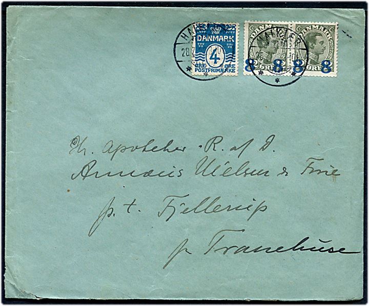 4 øre Bølgelinie og 8/12 døre Provisorium i parstykke på brev fra Nibe d. 28.7.1922 til Tranehuse.
